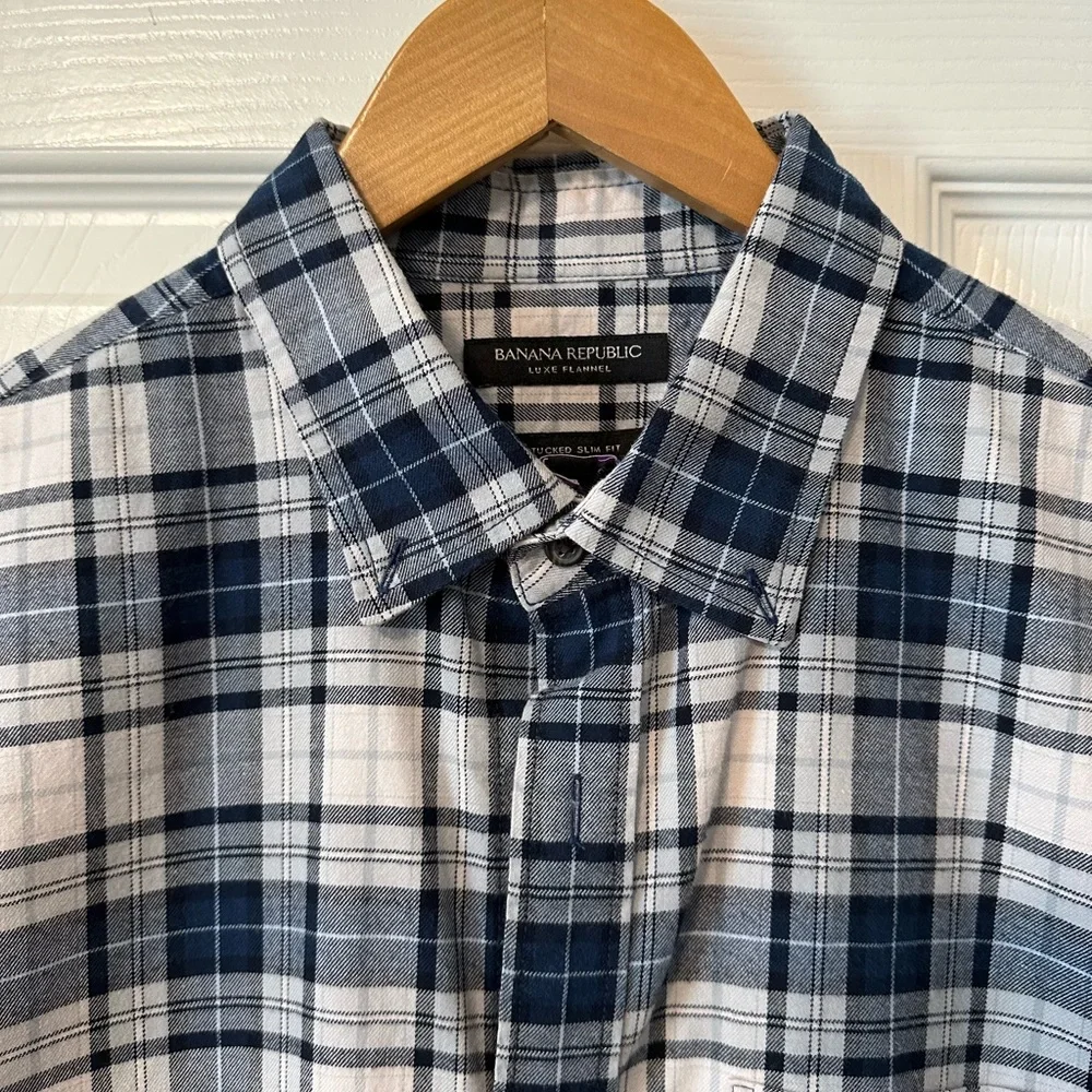 Banana Republic Luxe Flannel, Blue/White Plaid, Size Large